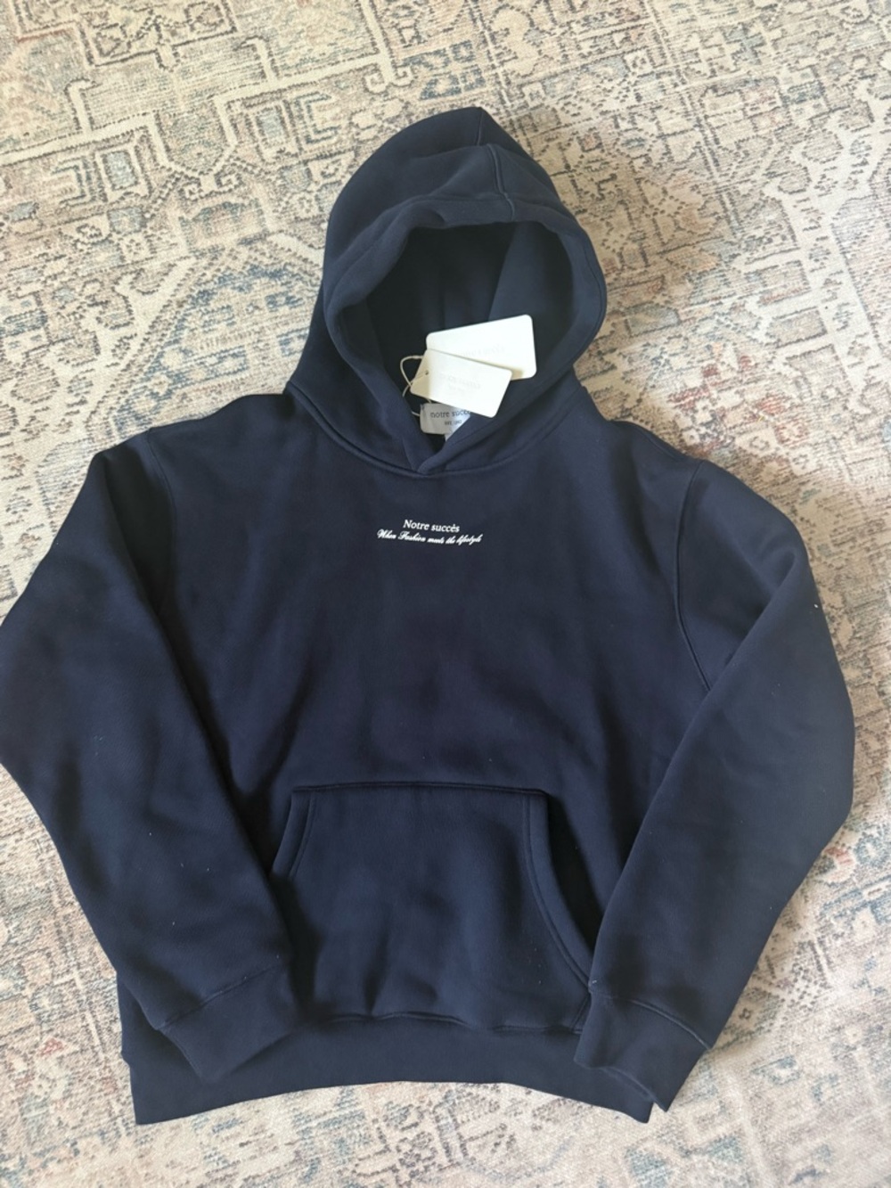 Classic Navy Men's Pullover Hoodie with Subtle Chest Script - Picture 2 of 3